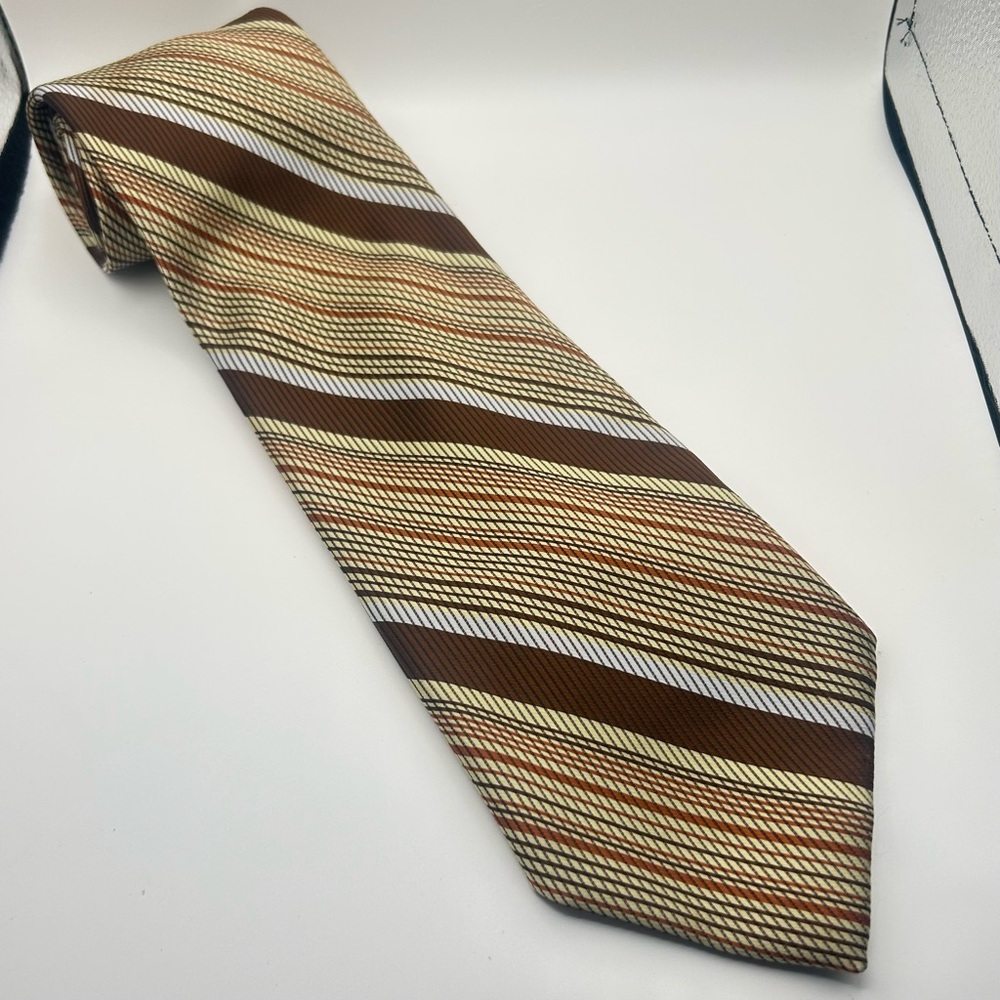 70s Sears Fat Stripe Tie – Brown & Beige 55 x 4 Gold, Caramel Brown, Brick Red